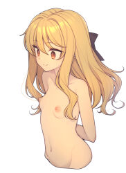 Rule 34 | 1girl, arms behind back, black bow, blonde hair, bow, breasts, commentary request, cropped torso, everyntrge, hair bow, long hair, looking to the side, navel, nipples, nude, orange eyes, original, simple background, small breasts, smile, solo, split mouth, upper body, white background
