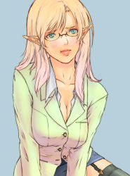 Rule 34 | 1girl, alva, bad id, bad pixiv id, blazer, blonde hair, breasts, cleavage, glasses, green eyes, jacket, large breasts, pointy ears, solo, thighhighs