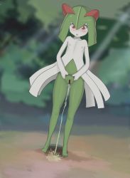 Rule 34 | 1girl, aruman, bar censor, blush, censored, collarbone, creatures (company), dutch angle, female focus, flat chest, full body, game freak, gen 3 pokemon, green hair, highres, kirlia, looking down, nintendo, nipples, no humans, nude, open mouth, outdoors, peeing, personification, pokemon, pokemon (creature), pussy, shiny skin, short hair, solo, standing, tree