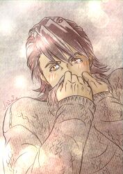 Rule 34 | 1boy, absurdres, blush, brown hair, covering own mouth, grey background, grey sweater, highres, kaburagi t. kotetsu, long sleeves, looking ahead, male focus, marbleokame, short hair, signature, simple background, sleeves past wrists, solo, sweater, tiger &amp; bunny, upper body, yellow eyes