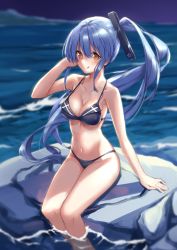 Rule 34 | 1girl, absurdres, arashi (warship girls r), arm support, bikini, black bikini, blue hair, breasts, cyta celest, hair ornament, highres, long hair, looking at viewer, medium breasts, navel, outdoors, partially submerged, rock, side ponytail, sitting, solo, striped bikini, striped clothes, swimsuit, warship girls r, water, yellow eyes