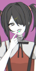 Rule 34 | 1girl, ame-chan (needy girl overdose), black hair, black ribbon, collared shirt, drugs, empty eyes, grey eyes, hair ornament, hair over one eye, hair tie, index finger raised, jirai kei, looking at viewer, lsd, medium hair, mushoku loli, neck ribbon, needy girl overdose, pale skin, purple background, purple nails, red shirt, ribbon, shirt, simple background, solo, straight-on, suspenders, tongue, tongue out, twintails, upper body, x hair ornament