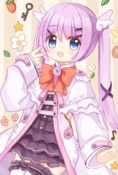 Rule 34 | 1girl, :d, black dress, blue eyes, blush, brown background, capelet, coat, dress, eighth note, flower, food, frilled thighhighs, frills, fruit, hair between eyes, hair ornament, hairclip, hand up, key, layered dress, long hair, long sleeves, musical note, open clothes, open coat, open mouth, original, purple capelet, purple coat, purple hair, sleeves past wrists, smile, solo, star (symbol), strawberry, striped, striped background, thighhighs, twintails, vertical stripes, very long hair, white flower, white thighhighs, wing hair ornament, x hair ornament, yuuhagi (amaretto-no-natsu)