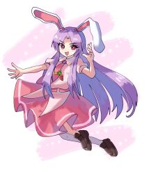 Rule 34 | 1girl, animal ears, brown footwear, carrot, collared shirt, highres, loafers, long hair, necktie, open mouth, pink necktie, pink skirt, plus2sf, puffy short sleeves, puffy sleeves, purple hair, rabbit ears, rabbit girl, red eyes, reisen udongein inaba, shirt, shoes, short sleeves, sidelocks, simple background, single thighhigh, skirt, socks, solo, thighhighs, touhou, very long hair, white background, white shirt, white socks