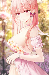 Rule 34 | 1girl, arm garter, bracelet, breasts, butterfly earrings, choker, churi (oxxchurixxo), dress, earrings, highres, jewelry, large breasts, long hair, looking at viewer, original, outdoors, pink dress, pink eyes, pink hair, sideboob, solo, strapless, strapless dress, upper body