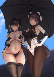 Rule 34 | 2girls, absurdres, animal ears, atago (azur lane), atago (stunning speedster) (azur lane), azur lane, bikini, bikini tug, black bikini, black hair, bodystocking, bow, breasts, cleavage cutout, clothing cutout, dog ears, extra ears, hair bow, hair ears, hair flaps, highleg, highleg bikini, highres, holding, holding umbrella, impossible clothes, large breasts, leotard, long hair, mippei, multicolored leotard, multiple girls, official alternate costume, ponytail, race queen, ribbon, shrug (clothing), sleeve cuffs, standing, swept bangs, swimsuit, takao (azur lane), takao (full throttle charmer) (azur lane), thighhighs, two-tone bikini, two-tone leotard, umbrella, unitard, white bow, white ribbon, wrist cuffs