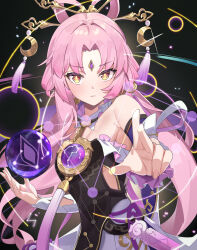 Rule 34 | 1girl, absurdres, band (skymole01), bare shoulders, black background, blush, commentary, forehead jewel, fu xuan (honkai: star rail), hair ornament, hair rings, hair stick, highres, honkai: star rail, honkai (series), long hair, looking at viewer, pink hair, solo, upper body, very long hair, yellow eyes