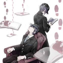 Rule 34 | 2boys, armchair, baseball cap, black hat, black jacket, black pants, black sleeves, black suit, blood, blood stain, blue hair, blue necktie, book, buttons, chair, coattails, collared jacket, collared shirt, commentary request, cowboy shot, danganronpa (series), danganronpa v3: killing harmony, dated, dual persona, eyelashes, footprints, formal, from behind, hat, head tilt, holding, holding book, jacket, layered sleeves, leaning back, long sleeves, male focus, multiple boys, necktie, on chair, open book, pants, pinstripe jacket, pinstripe pants, pinstripe pattern, reading, saihara shuichi, school uniform, shirt, short hair, signature, simple background, sitting, striped necktie, suit, u u ki u u, white background, white shirt, yellow eyes
