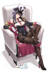 Rule 34 | 1girl, absurdres, animal ears, belt, black hair, black pantyhose, bolt action, breasts, bunny day, couch, eyebrows hidden by hair, fake animal ears, gloves, gun, hair between eyes, hat, high heels, highres, holding, holding gun, holding weapon, leotard, long hair, looking at viewer, m1903 springfield, military, military hat, military uniform, nontraditional playboy bunny, original, pantyhose, playboy bunny, red eyes, rifle, sitting, solo, tatsuma daisuke, uniform, weapon, white gloves