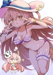 Rule 34 | 1girl, alternate costume, bead bracelet, beads, bikini, bracelet, breasts, brown eyes, chestnut mouth, chibi, chibi inset, cleavage, commentary request, double w, expressionless, foot up, frilled bikini, frills, futa (nabezoko), hair between eyes, hat, hata no kokoro, innertube, jewelry, leaning forward, long hair, looking at viewer, mask, mask on head, medium breasts, navel, parted lips, pink hair, purple bikini, scrunchie, simple background, standing, standing on one leg, sun hat, swim ring, swimsuit, tareme, thigh strap, touhou, very long hair, w, white background, white headwear, wrist scrunchie, yellow footwear