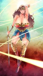 Rule 34 | 1girl, arm up, armor, armored boots, armored dress, armpits, bare shoulders, black hair, boots, bracer, breasts, brown hair, cleavage, dc comics, highres, lasso, lasso of truth, long hair, sagging breasts, skirt, sky, solo, sonparesu, superhero costume, sword, tiara, weapon, wonder woman, wonder woman (series)