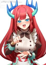 Rule 34 | 1girl, agibe, apron, blue eyes, blush, breasts, chocolate, dragon girl, dragon horns, dress, duel monster, food, highres, holding, holding chocolate, holding food, horns, juliet sleeves, kitchen dragonmaid, large breasts, long hair, long sleeves, maid, maid apron, open mouth, puffy sleeves, red hair, solo, yu-gi-oh!