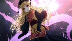 Rule 34 | 1girl, black dress, blonde hair, chinese clothes, crescent, dress, earth (planet), fire, hat, highres, junko (touhou), long hair, long sleeves, md5 mismatch, miyakouji, multiple tails, open mouth, red eyes, sash, smile, solo, star (sky), tabard, tail, touhou, very long hair, wide sleeves