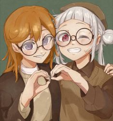Rule 34 | 2girls, ;), arashi chisato, artist name, artist request, blush, breasts, brown cardigan, brown headwear, brown jacket, brown shirt, brown vest, cardigan, close-up, collared shirt, double bun, female focus, glasses, hair bun, hair over shoulder, hair tie, hand on another&#039;s shoulder, highres, jacket, light brown sweater, light brown vest, long hair, looking at viewer, love live!, love live! superstar!!, multiple girls, nail, nail polish, one eye closed, orange hair, parted lips, purple eyes, red eyes, shibuya kanon, shirt, smile, teeth, twintails, upper body, vest, white hair, white nail polish, white nails, white shirt, wink