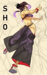 Rule 34 | 1girl, absurdres, black bra, black hair, black hakama, blue eyes, bra, breasts, character name, commentary, english commentary, hakama, highres, japanese clothes, kicking, knights of the wandering castle, lady kitakaze no shodan, large breasts, long hair, long sleeves, luny, multicolored hair, navel, open clothes, ponytail, purple hair, purple nails, red footwear, shoes, solo, underboob, underwear