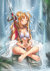 Rule 34 | barefoot, bikini, braid, braided bangs, breasts, closed eyes, fantasy, foliage, gem, hand gesture, holding, holding polearm, holding sword, holding weapon, jewelry, les chevaucheurs, maxa&#039;, meditation, necklace, orange hair, original, patreon username, phenice walholl, polearm, red gemstone, rock, scar, small breasts, solo, swimsuit, sword, water, waterfall, weapon, wet, wet clothes, white bikini