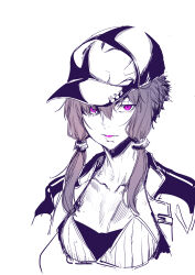 Rule 34 | 1girl, ajishio, baseball cap, breasts, cleavage, collar, hat, highres, jacket, medium breasts, open clothes, open jacket, purple eyes, purple lips, short hair with long locks, simple background, sketch, solo, spot color, upper body, voiceroid, white background, yuzuki yukari
