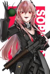 Rule 34 | 1girl, armband, assault rifle, black gloves, black jacket, black scarf, breasts, cleavage, commentary request, eotech, explosive, fragmentation grenade, girls&#039; frontline, gloves, grenade, grenade pin, gun, hair ornament, hand grenade, headgear, headphones, highres, holding, holding grenade, holding gun, holding weapon, holster, hood, hooded jacket, jacket, light blush, long hair, looking at viewer, m4 carbine, m4 sopmod ii, m4 sopmod ii (girls&#039; frontline), m67, magazine (weapon), mechanical hands, medium breasts, multicolored hair, open mouth, pink hair, print scarf, red armband, red eyes, red hair, rifle, scarf, sharp teeth, single mechanical hand, solo, standing, streaked hair, teeth, text background, tomuanago, track jacket, two-tone hair, weapon, zipper, zipper dress, zipper top