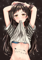 Rule 34 | 1girl, arms up, blue bra, blush, body writing, bra, bra peek, breasts, brown background, brown hair, clothes in mouth, clothes lift, commentary request, earrings, highres, idolmaster, idolmaster million live!, idolmaster million live! theater days, jewelry, kitazawa shiho, long hair, looking at viewer, mouth hold, nail polish, navel, shirt, shirt in mouth, shirt lift, simple background, small breasts, solo, sparkle, standing, striped, t-shirt, underwear, upper body, yellow eyes, yuzuyu (hyui)