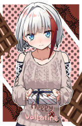 Rule 34 | 1girl, absurdres, admiral graf spee (azur lane), admiral graf spee (peaceful daily life) (azur lane), azur lane, bare shoulders, blue eyes, blush, chocolate, commentary request, english text, gift, hands up, happy valentine, heart, highres, holding, holding gift, incoming gift, medium hair, multicolored hair, nervous, polka dot, polka dot background, poporoporoporo, red hair, solo, staring, streaked hair, sweater, two-tone hair, valentine, white hair