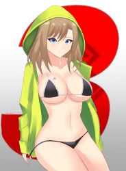 Rule 34 | 1girl, absurdres, bikini, black bikini, blue eyes, breast tattoo, breasts, eunie (xenoblade), gradient background, green hoodie, highres, hood, hoodie, large breasts, long hair, looking at viewer, narrow waist, open clothes, open hoodie, simple background, solo, swimsuit, tattoo, thighs, tiredtorto, xenoblade chronicles (series), xenoblade chronicles 3