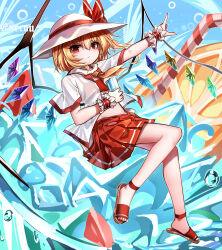 Rule 34 | 1girl, absurdres, blonde hair, blue background, bubble, closed mouth, commentary request, crystal, drinking straw, flandre scarlet, food, fruit, full body, hat, hat ribbon, highres, index finger raised, looking at viewer, one side up, red eyes, red ribbon, red skirt, ribbon, sandals, short sleeves, signature, skirt, solo, top-exerou, touhou, white hat, wings, wrist cuffs