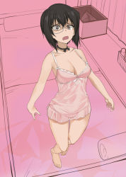 Rule 34 | 1girl, a1 (initial-g), bare arms, bare legs, bare shoulders, black choker, black hair, bow choker, breasts, brown eyes, chemise, choker, cleavage, collarbone, constricted pupils, covered erect nipples, furrowed brow, girls und panzer, grey-framed eyewear, kawashima momo, lingerie, medium breasts, monocle, nightgown, open mouth, panicking, panties, pink chemise, ribbon choker, see-through, short hair, solo, spaghetti strap, tsurime, underwear, underwear only
