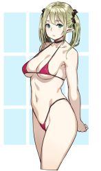 Rule 34 | 1girl, armpits, bare arms, bare shoulders, bikini, blonde hair, blue background, blue eyes, blush, breasts, choker, cleavage, collarbone, cropped legs, elf, hair ornament, hair scrunchie, highleg, highleg swimsuit, houtengeki, jpeg artifacts, large breasts, looking at viewer, micro bikini, navel, original, pointy ears, red bikini, scrunchie, short hair, simple background, solo, standing, stomach, swimsuit, twintails