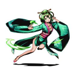 Rule 34 | 10s, 1girl, aqua nails, breasts, cleavage, collarbone, divine gate, full body, green eyes, green hair, hair ornament, japanese clothes, jewelry, kimono, looking at viewer, medium breasts, nail polish, necklace, official art, open mouth, sash, shadow, short hair, solo, transparent background, ucmm, yukata