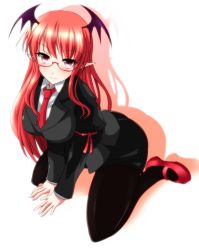 Rule 34 | 1girl, alternate costume, arm ribbon, ass, bespectacled, black jacket, black pantyhose, black skirt, breasts, collared shirt, full body, glasses, head wings, highres, jacket, kneeling, koakuma, long hair, long sleeves, looking at viewer, miniskirt, necktie, office lady, pantyhose, pointy ears, red-framed eyewear, red eyes, red footwear, red hair, red necktie, ribbon, semi-rimless eyewear, shirt, shoes, sidelocks, simple background, skirt, smile, solo, thighs, touhou, under-rim eyewear, white background, wings, yumi (careca398), zoom layer