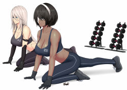 Rule 34 | 2girls, android, black footwear, black hair, black pants, blindfold, blue eyes, blue pants, breasts, dark skin, dark-skinned female, determined, exercising, expressionless, headband, large breasts, long hair, mole, mole under mouth, multiple girls, nier (series), nier:automata, pants, ryu seung, shoes, short hair, sneakers, thighs, weights, white background, white blindfold, white hair, white headband, yoga pants, 2p (nier:automata), a2 (nier:automata)