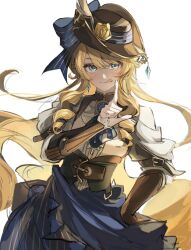 Rule 34 | 1girl, :q, bare shoulders, black hat, blonde hair, blue bow, blue eyes, blue skirt, bow, brown arm warmers, brown corset, clothing cutout, commentary, corset, drill hair, drill sidelocks, flower, genshin impact, hand on own hip, hat, hat bow, hat flower, highres, index finger raised, long hair, looking at viewer, navia (genshin impact), rose, shirt, shoulder cutout, sidelocks, simple background, situki, skirt, solo, sparkling eyes, striped bow, symbol-only commentary, tongue, tongue out, upper body, white background, white shirt, yellow flower, yellow rose