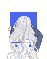 Rule 34 | 1boy, argalia (project moon), blue jacket, hair over face, jacket, library of ruina, long hair, long sleeves, love mintchoco, male focus, pause button, play button, project moon, simple background, solo, very long hair, white background, white hair