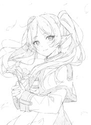 Rule 34 | 1girl, blush, capelet, closed mouth, earrings, elf, flower, frieren, greyscale, highres, holding, holding flower, jewelry, long hair, long sleeves, looking at viewer, masabodo, monochrome, petals, pointy ears, simple background, sketch, smile, solo, sousou no frieren, twintails, white background