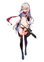 Rule 34 | 1girl, 9a-91 (girls&#039; frontline), absurdres, ammunition pouch, assault rifle, black panties, black thighhighs, blue eyes, blush, boots, breasts, elbow gloves, full body, girls&#039; frontline, gloves, gun, hair between eyes, hair ornament, highres, long hair, low twintails, navel, nightmaremk2, official art, one eye closed, panties, pouch, red scarf, rifle, scarf, silver hair, small breasts, solo, string panties, submachine gun, tears, thigh boots, thighhighs, torn clothes, torn thighhighs, transparent background, twintails, underwear, weapon