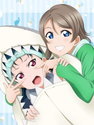 Rule 34 | 10s, 2girls, animal costume, blue eyes, blue hair, blush, boat, brown hair, commentary request, grey hair, hair between eyes, highres, long hair, love live!, love live! sunshine!!, mell ast, multiple girls, open mouth, purple eyes, sailboat, shark costume, short hair, smile, striped, striped background, teeth, tsushima yoshiko, watanabe you, watercraft, whale