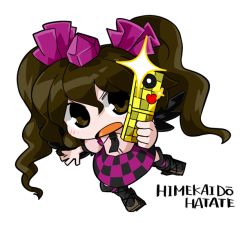 Rule 34 | 1girl, brown eyes, brown hair, byourou, cellphone, character name, checkered clothes, checkered skirt, chibi, hat, himekaidou hatate, necktie, phone, ribbon, short hair, skirt, solo, sparkle, tokin hat, touhou, twintails