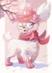Rule 34 | :3, alternate color, alternate shiny pokemon, animal focus, artist name, blush, cherry blossoms, clothed pokemon, commission, creatures (company), flower, full body, game freak, gen 4 pokemon, glasses, hair flower, hair ornament, happy, highres, ikei, legendary pokemon, looking at viewer, mythical pokemon, nintendo, no humans, one eye closed, open mouth, pince-nez, pink background, pink flower, pink hair, pokemon, pokemon (creature), purple-framed eyewear, purple eyes, red scarf, round eyewear, scarf, shaymin, shaymin (land), short hair, signature, simple background, smile, solo, standing, wink