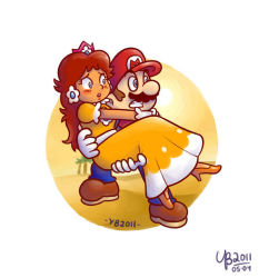 Rule 34 | 1boy, 1girl, angry, blue eyes, brown hair, carrying, carrying person, crown, dress, earrings, facial hair, flower earrings, full body, gloves, hat, hug, jewelry, long hair, mario, mario (series), mustache, nervous, nintendo, orange dress, princess carry, princess daisy, puffy short sleeves, puffy sleeves, red hair, short sleeves, super mario land, thebourgyman, tree