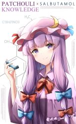 Rule 34 | 1girl, blue bow, bow, capelet, character name, chemical structure, closed mouth, commentary, crescent, crescent pin, hair bow, hat, highres, inhaler, kuneamorai, long hair, mob cap, molecule, patchouli knowledge, pink hat, purple capelet, purple eyes, purple hair, red bow, sidelocks, simple background, smile, solo, touhou, upper body, white background