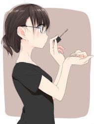 Rule 34 | 1girl, applying manicure, bad id, bad pixiv id, black shirt, blouse, brown background, brown hair, from side, glasses, long hair, nail polish, nekoume, original, painting nails, profile, shirt, short hair, short ponytail, simple background, solo, t-shirt