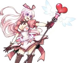 Rule 34 | 1girl, aisha landar, alternate hair color, bad id, bad pixiv id, black thighhighs, bow, breasts, dress, elsword, gloves, hair ribbon, happy, heart, large breasts, limble, long hair, pink bow, pink hair, purple eyes, ribbon, solo, staff, thighhighs, white background, wings
