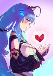 Rule 34 | 1girl, absurdres, ahoge, blue eyes, blue fire, blue hair, blush, breasts, detached sleeves, fire, from side, heart, highres, horns, large breasts, long hair, looking down, nashiina, open hand, prism project, rikudou yura, smile, solo, tiara, very long hair, virtual youtuber