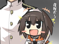Rule 34 | +++, 10s, admiral (kancolle), black hair, blush stickers, brown hair, carrying, carrying under arm, chibi, commentary request, goma (gomasamune), kantai collection, military, military uniform, night, open mouth, sendai (kancolle), short hair, sketch, sparkle, translation request, tsurime, uniform