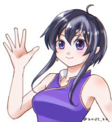 Rule 34 | 1girl, ahoge, andt kn, artist name, bare arms, bare shoulders, black hair, closed mouth, earrings, fire emblem, fire emblem: genealogy of the holy war, hair between eyes, jewelry, larcei (fire emblem), looking at viewer, nintendo, purple eyes, shirt, short hair, sidelocks, sleeveless, sleeveless shirt, smile, solo, tunic, twitter username, waving, white background