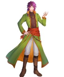 Rule 34 | 1boy, black shirt, boots, brown footwear, coat, fire emblem, fire emblem: the binding blade, fire emblem heroes, full body, green coat, hairband, hand up, highres, hugh (fire emblem), ichibi, long hair, long sleeves, looking at viewer, male focus, nintendo, non-web source, official art, open clothes, open coat, pants, purple eyes, purple hair, red sash, sash, shirt, smile, solo, standing, transparent background, white pants