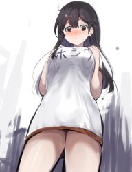 Rule 34 | 10s, 1girl, ahoge, alternate costume, blouse, breasts, from below, gym uniform, highres, kantai collection, large breasts, long hair, looking at viewer, name tag, shirt, solo, sumisu (mondo), ushio (kancolle), white shirt, worried
