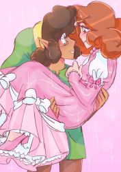Rule 34 | 1boy, 1girl, brown hair, carrying, dress, elf, grin, happy, hat, high heels, holding, jewelry, link, long sleeves, necklace, nintendo, pink dress, pointy ears, princess zelda, red hair, smile, the legend of zelda, the legend of zelda (nes), tiara, tunic, zelda ii: the adventure of link