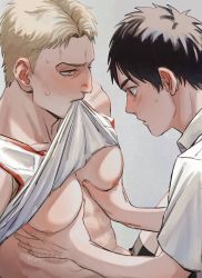 Rule 34 | 2boys, abs, bara, bare pectorals, black hair, blonde hair, blush, clothes in mouth, clothes lift, eren yeager, grabbing, groping, highres, large pectorals, lifting own clothes, looking at another, male focus, mouth hold, multiple boys, muscular, muscular male, pectoral grab, pectorals, reiner braun, shingeki no kyojin, shirt, shirt in mouth, short hair, sssida3, tank top, twitter username, upper body, white shirt, white tank top, yaoi