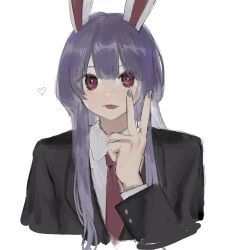 Rule 34 | 1girl, animal ears, black jacket, blazer, collared shirt, fingernails, gotagotay, heart, highres, jacket, long hair, long sleeves, nail polish, necktie, purple hair, purple nails, rabbit ears, red eyes, red necktie, reisen udongein inaba, shirt, simple background, solo, tongue, tongue out, touhou, upper body, v, white background, white shirt